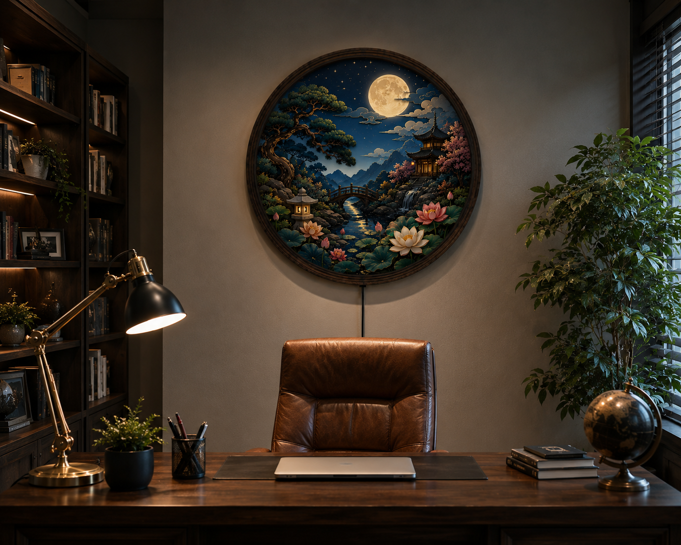 Moonlit Japanese Garden LED Wall Art, Round Lighted Asian Landscape Decor, Zen Home Wall Hanging, Backlit Wooden Frame Lamp
