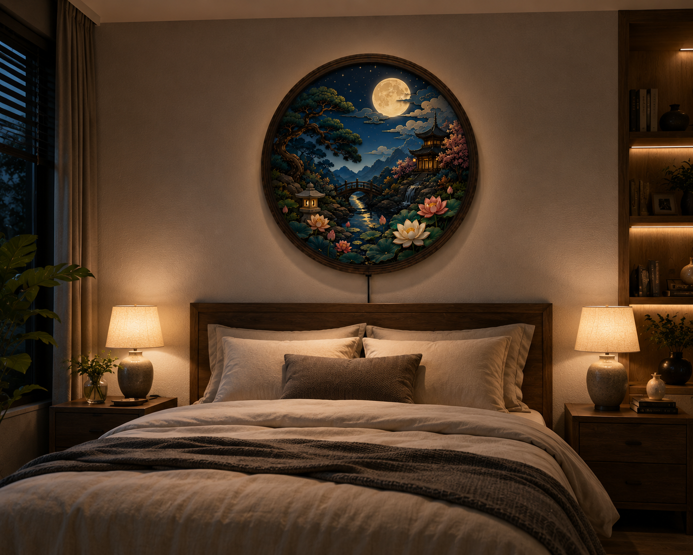 Moonlit Japanese Garden LED Wall Art, Round Lighted Asian Landscape Decor, Zen Home Wall Hanging, Backlit Wooden Frame Lamp