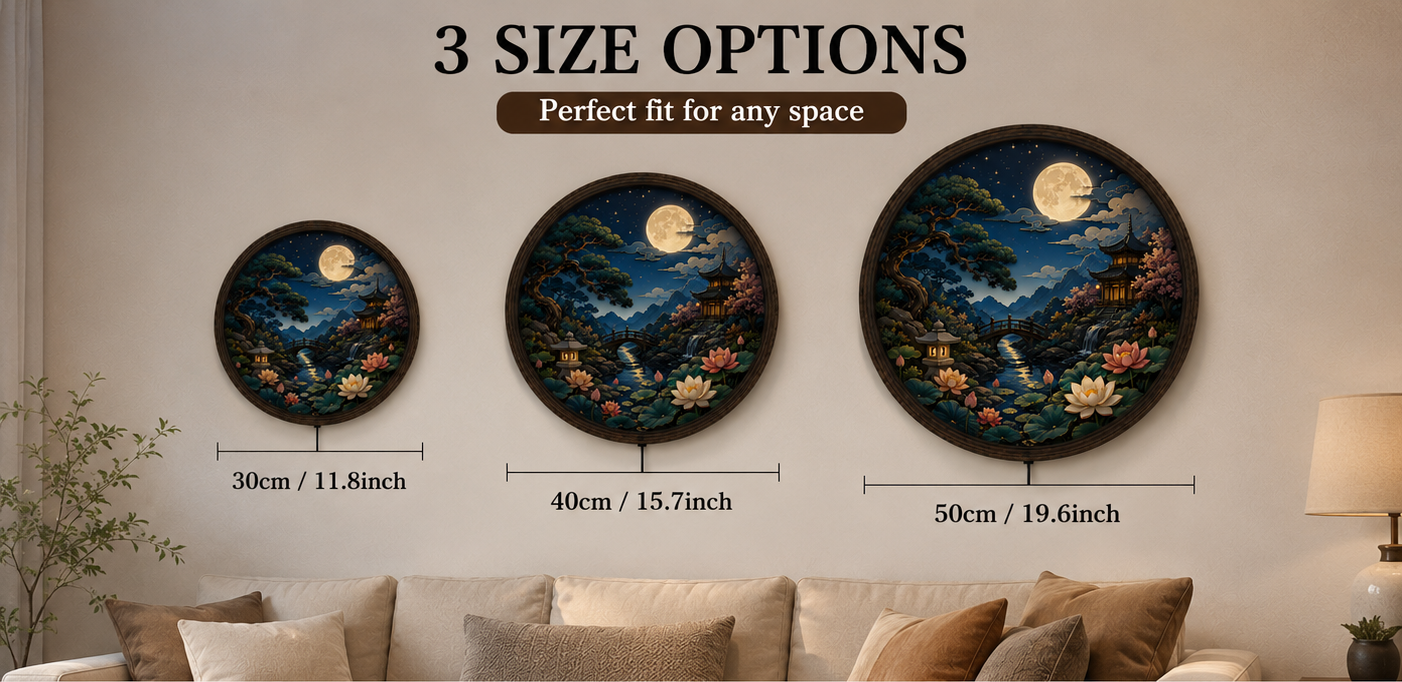 Moonlit Japanese Garden LED Wall Art, Round Lighted Asian Landscape Decor, Zen Home Wall Hanging, Backlit Wooden Frame Lamp