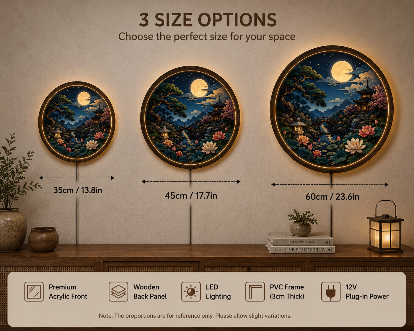 Moonlit Japanese Garden LED Wall Art, Round Lighted Asian Landscape Decor, Zen Home Wall Hanging, Backlit Wooden Frame Lamp