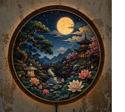 Moonlit Japanese Garden LED Wall Art, Round Lighted Asian Landscape Decor, Zen Home Wall Hanging, Backlit Wooden Frame Lamp