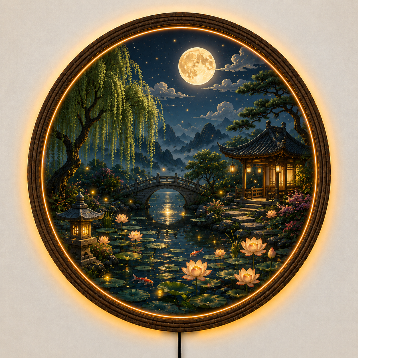 Round Japanese Landscape LED Wall Art, Moonlit Garden Decor, Asian Wall Hanging with LED Light