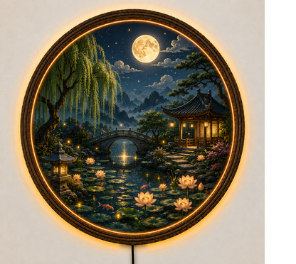 Round Japanese Landscape LED Wall Art, Moonlit Garden Decor, Asian Wall Hanging with LED Light