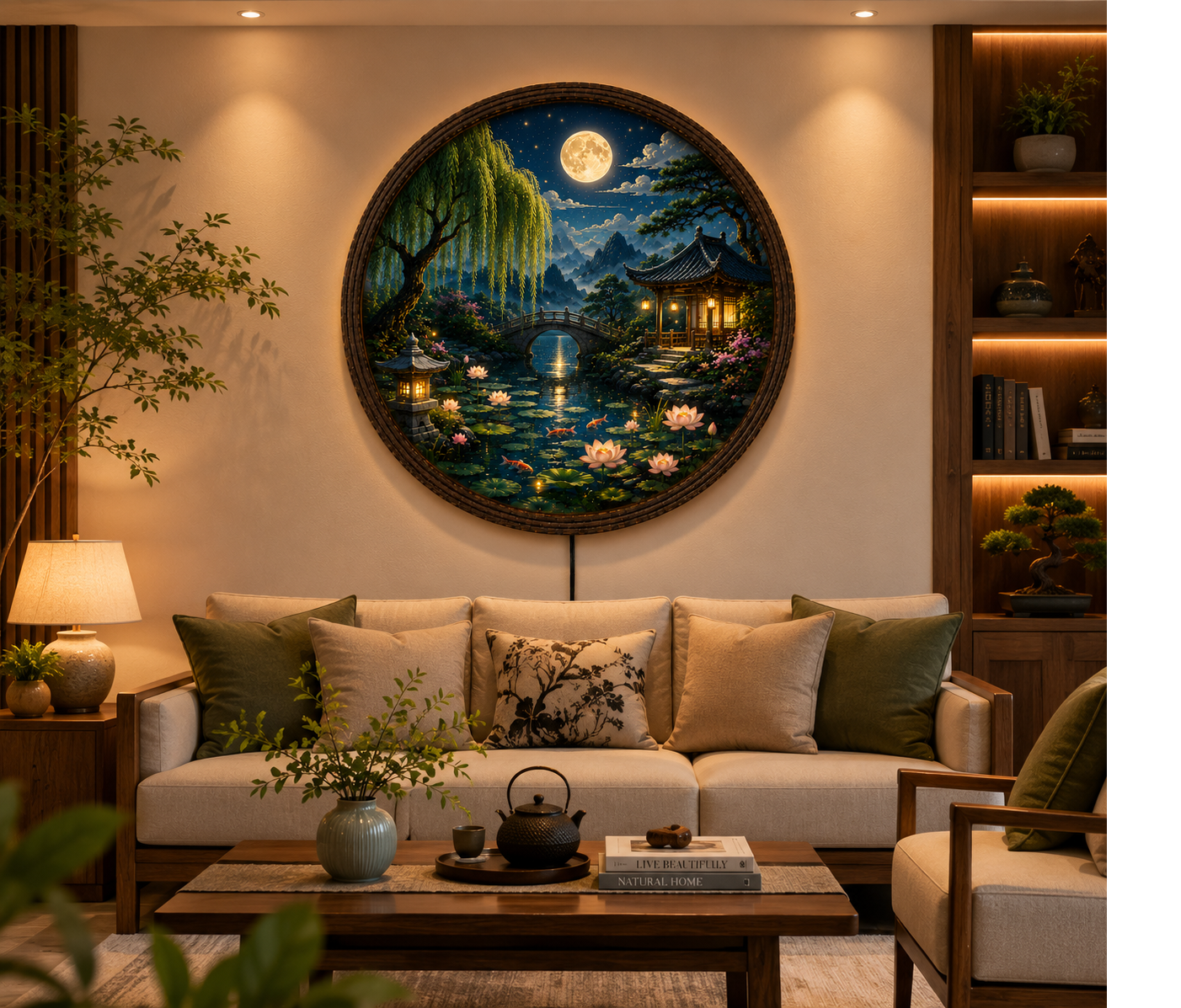 Round Japanese Landscape LED Wall Art, Moonlit Garden Decor, Asian Wall Hanging with LED Light