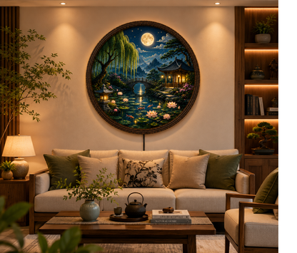Round Japanese Landscape LED Wall Art, Moonlit Garden Decor, Asian Wall Hanging with LED Light