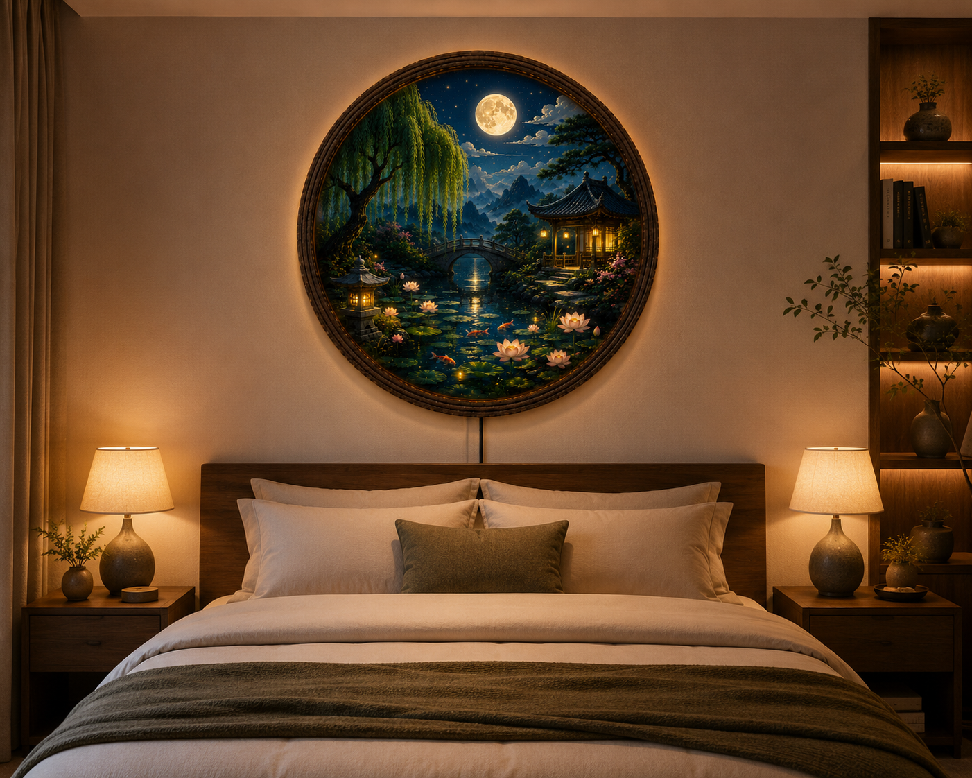 Round Japanese Landscape LED Wall Art, Moonlit Garden Decor, Asian Wall Hanging with LED Light