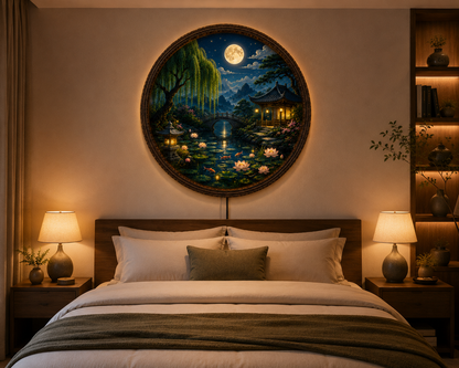 Round Japanese Landscape LED Wall Art, Moonlit Garden Decor, Asian Wall Hanging with LED Light
