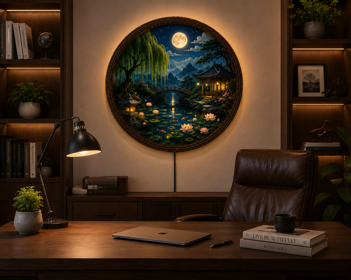 Round Japanese Landscape LED Wall Art, Moonlit Garden Decor, Asian Wall Hanging with LED Light