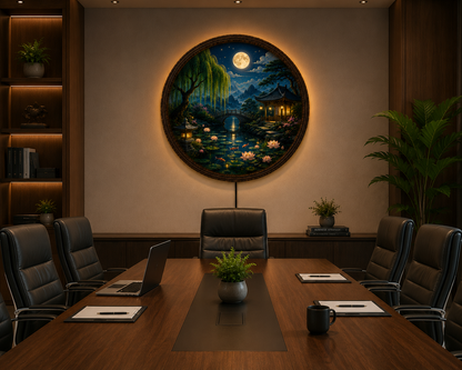 Round Japanese Landscape LED Wall Art, Moonlit Garden Decor, Asian Wall Hanging with LED Light