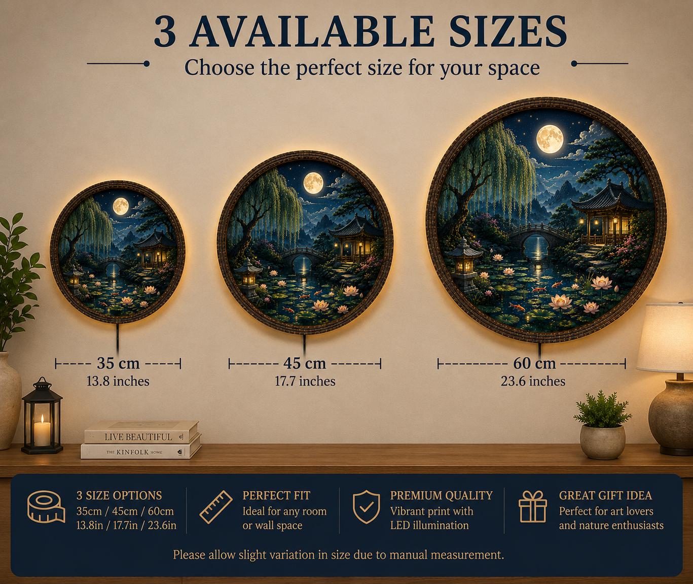 Round Japanese Landscape LED Wall Art, Moonlit Garden Decor, Asian Wall Hanging with LED Light