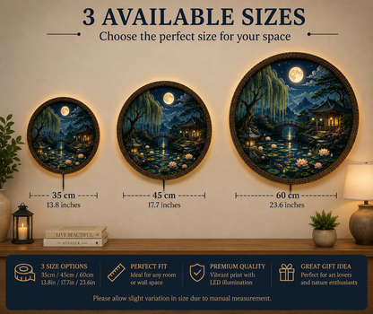 Round Japanese Landscape LED Wall Art, Moonlit Garden Decor, Asian Wall Hanging with LED Light