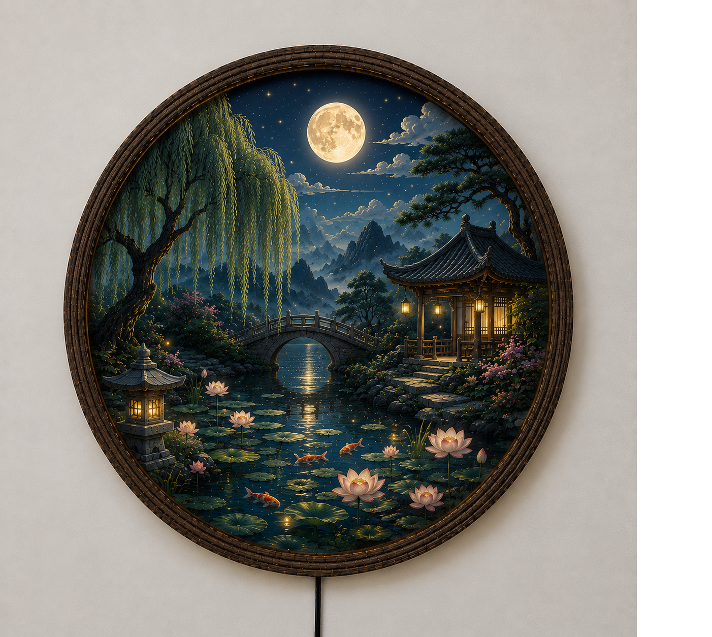 Round Japanese Landscape LED Wall Art, Moonlit Garden Decor, Asian Wall Hanging with LED Light