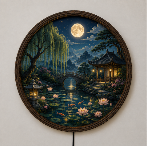 Round Japanese Landscape LED Wall Art, Moonlit Garden Decor, Asian Wall Hanging with LED Light
