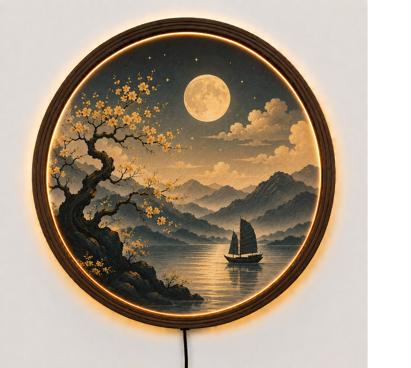 Round LED Wall Art Lamp, Moon Landscape Wall Decor, Modern Wooden Light for Living Room Bedroom