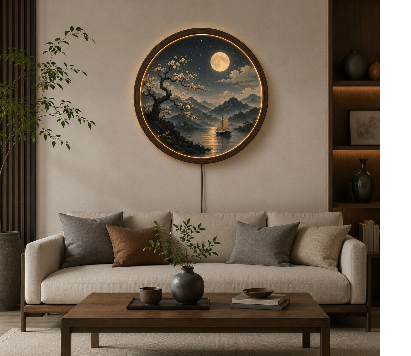 Round LED Wall Art Lamp, Moon Landscape Wall Decor, Modern Wooden Light for Living Room Bedroom