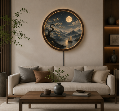 Round LED Wall Art Lamp, Moon Landscape Wall Decor, Modern Wooden Light for Living Room Bedroom