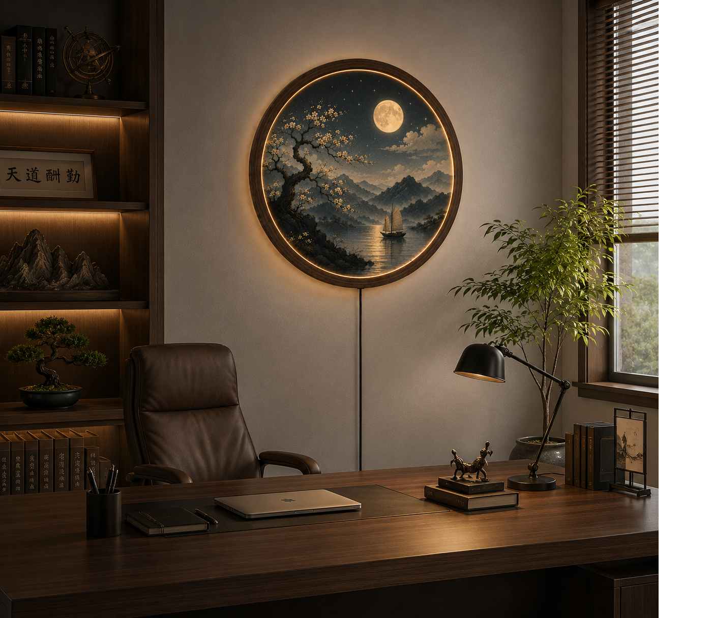Round LED Wall Art Lamp, Moon Landscape Wall Decor, Modern Wooden Light for Living Room Bedroom