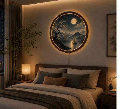 Round LED Wall Art Lamp, Moon Landscape Wall Decor, Modern Wooden Light for Living Room Bedroom