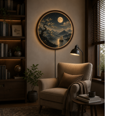 Round LED Wall Art Lamp, Moon Landscape Wall Decor, Modern Wooden Light for Living Room Bedroom