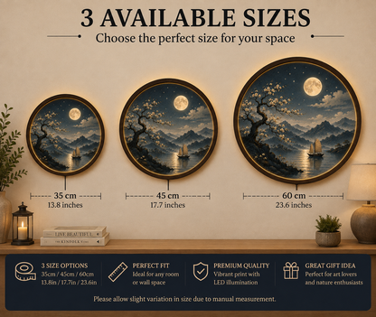 Round LED Wall Art Lamp, Moon Landscape Wall Decor, Modern Wooden Light for Living Room Bedroom