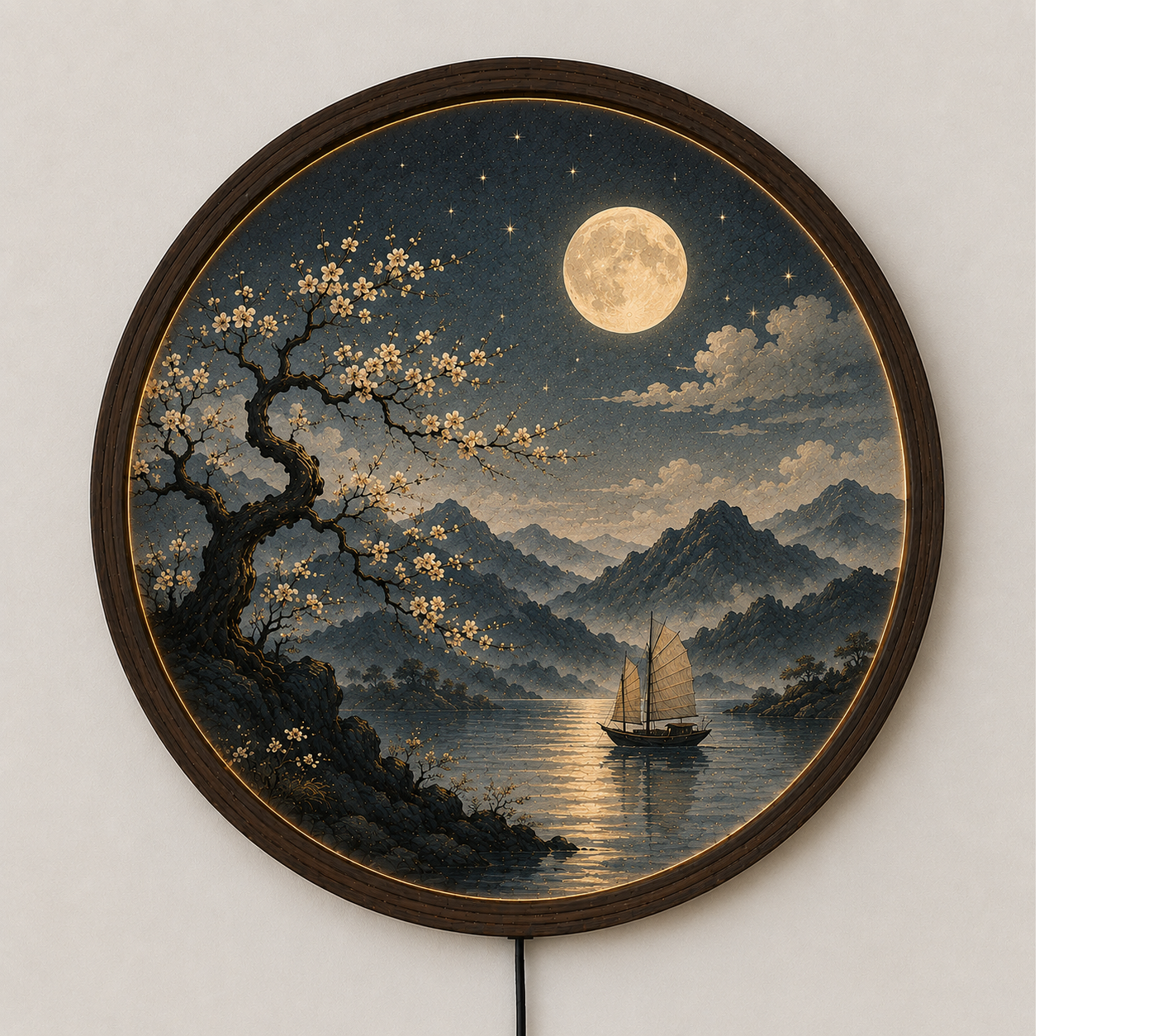 Round LED Wall Art Lamp, Moon Landscape Wall Decor, Modern Wooden Light for Living Room Bedroom