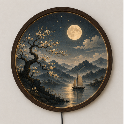 Round LED Wall Art Lamp, Moon Landscape Wall Decor, Modern Wooden Light for Living Room Bedroom