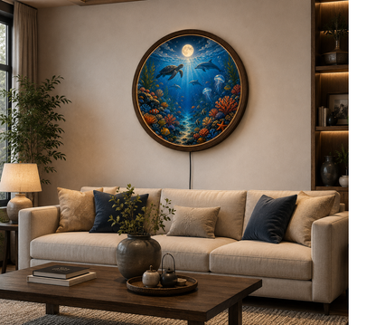 Ocean Wall Art with LED Light, Sea Turtle Round Wall Decor, Coastal Bedroom Living Room Lamp