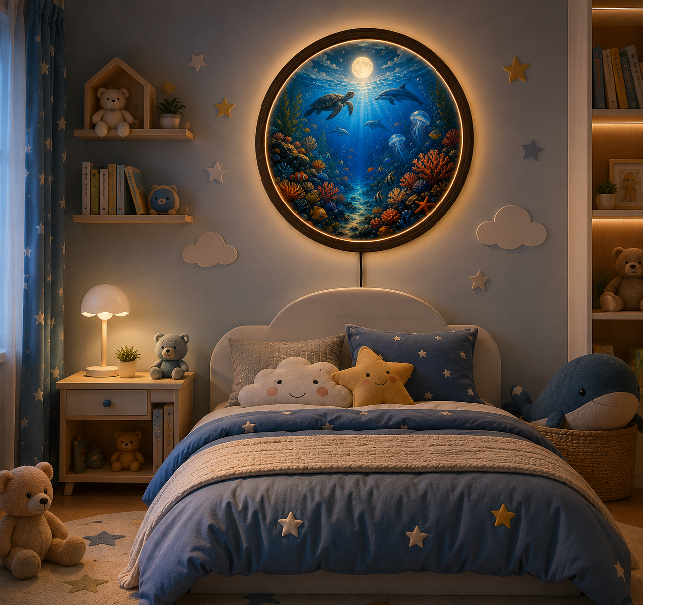 Ocean Wall Art with LED Light, Sea Turtle Round Wall Decor, Coastal Bedroom Living Room Lamp