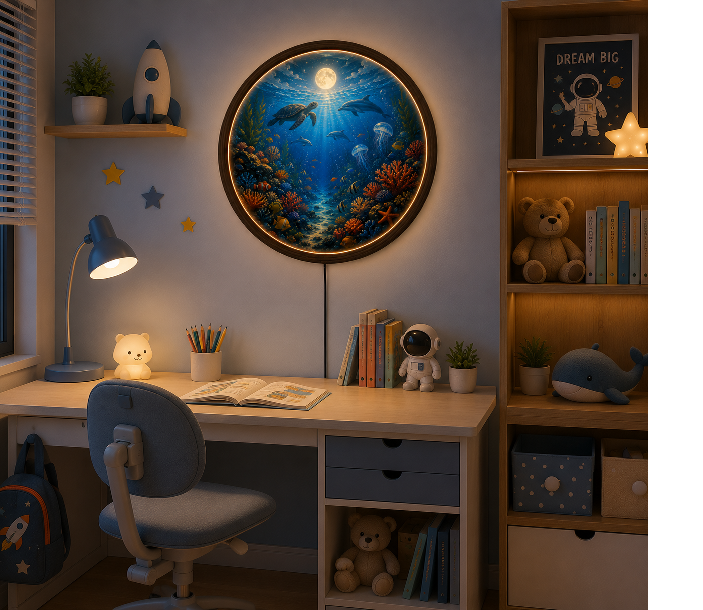 Ocean Wall Art with LED Light, Sea Turtle Round Wall Decor, Coastal Bedroom Living Room Lamp