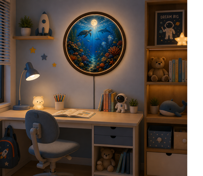 Ocean Wall Art with LED Light, Sea Turtle Round Wall Decor, Coastal Bedroom Living Room Lamp