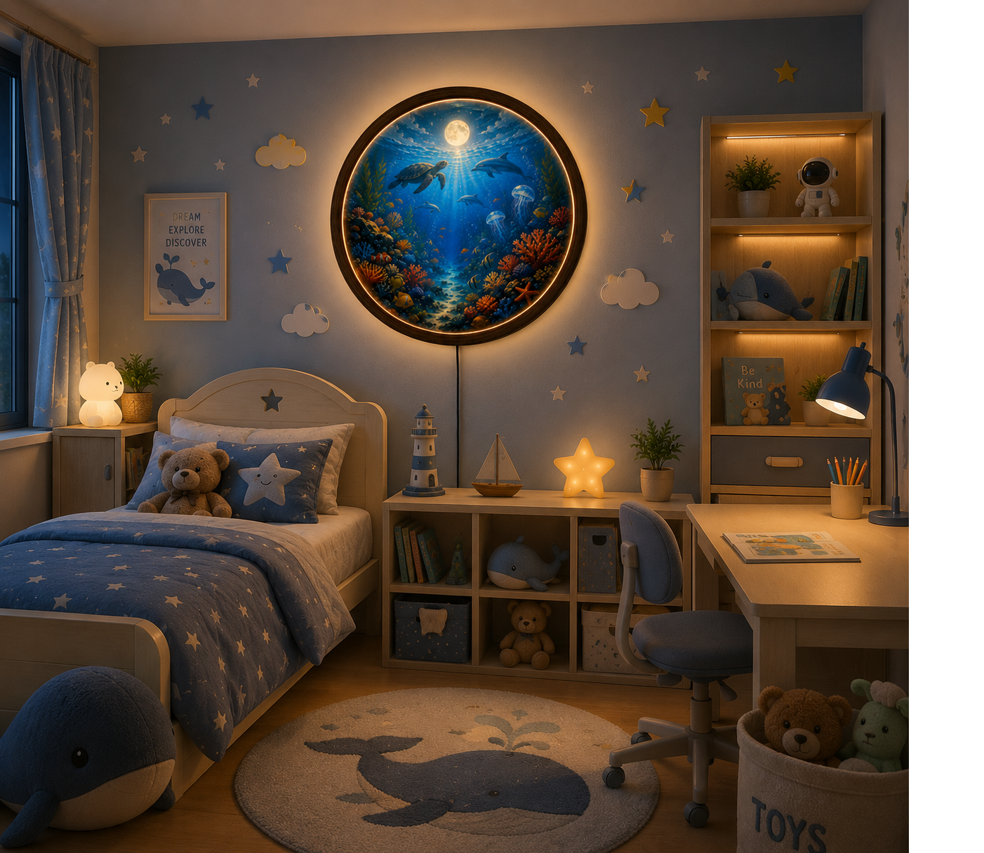 Ocean Wall Art with LED Light, Sea Turtle Round Wall Decor, Coastal Bedroom Living Room Lamp