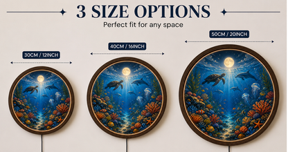 Ocean Wall Art with LED Light, Sea Turtle Round Wall Decor, Coastal Bedroom Living Room Lamp