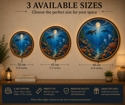 Ocean Wall Art with LED Light, Sea Turtle Round Wall Decor, Coastal Bedroom Living Room Lamp
