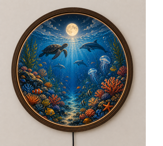 Ocean Wall Art with LED Light, Sea Turtle Round Wall Decor, Coastal Bedroom Living Room Lamp