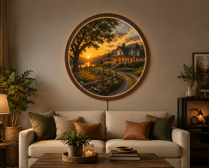 Rustic Farmhouse LED Wall Art, Round American Country Sunset, Wooden Frame Lighted Wall Decor for Living Room Bedroom