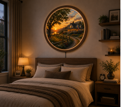 Rustic Farmhouse LED Wall Art, Round American Country Sunset, Wooden Frame Lighted Wall Decor for Living Room Bedroom