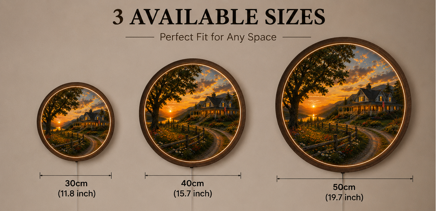 Rustic Farmhouse LED Wall Art, Round American Country Sunset, Wooden Frame Lighted Wall Decor for Living Room Bedroom
