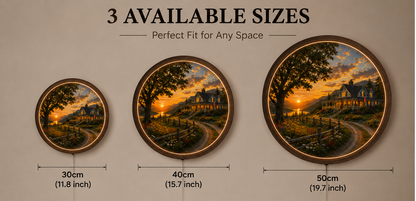 Rustic Farmhouse LED Wall Art, Round American Country Sunset, Wooden Frame Lighted Wall Decor for Living Room Bedroom