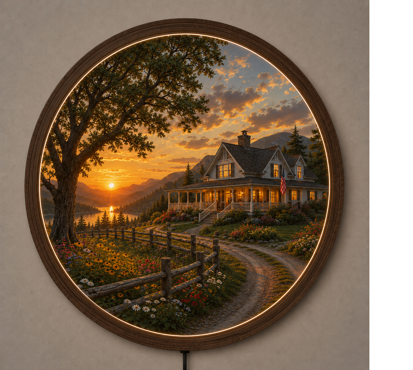 Rustic Farmhouse LED Wall Art, Round American Country Sunset, Wooden Frame Lighted Wall Decor for Living Room Bedroom