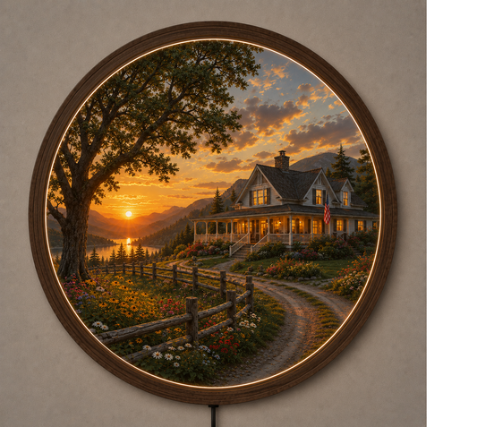 Rustic Farmhouse LED Wall Art, Round American Country Sunset, Wooden Frame Lighted Wall Decor for Living Room Bedroom