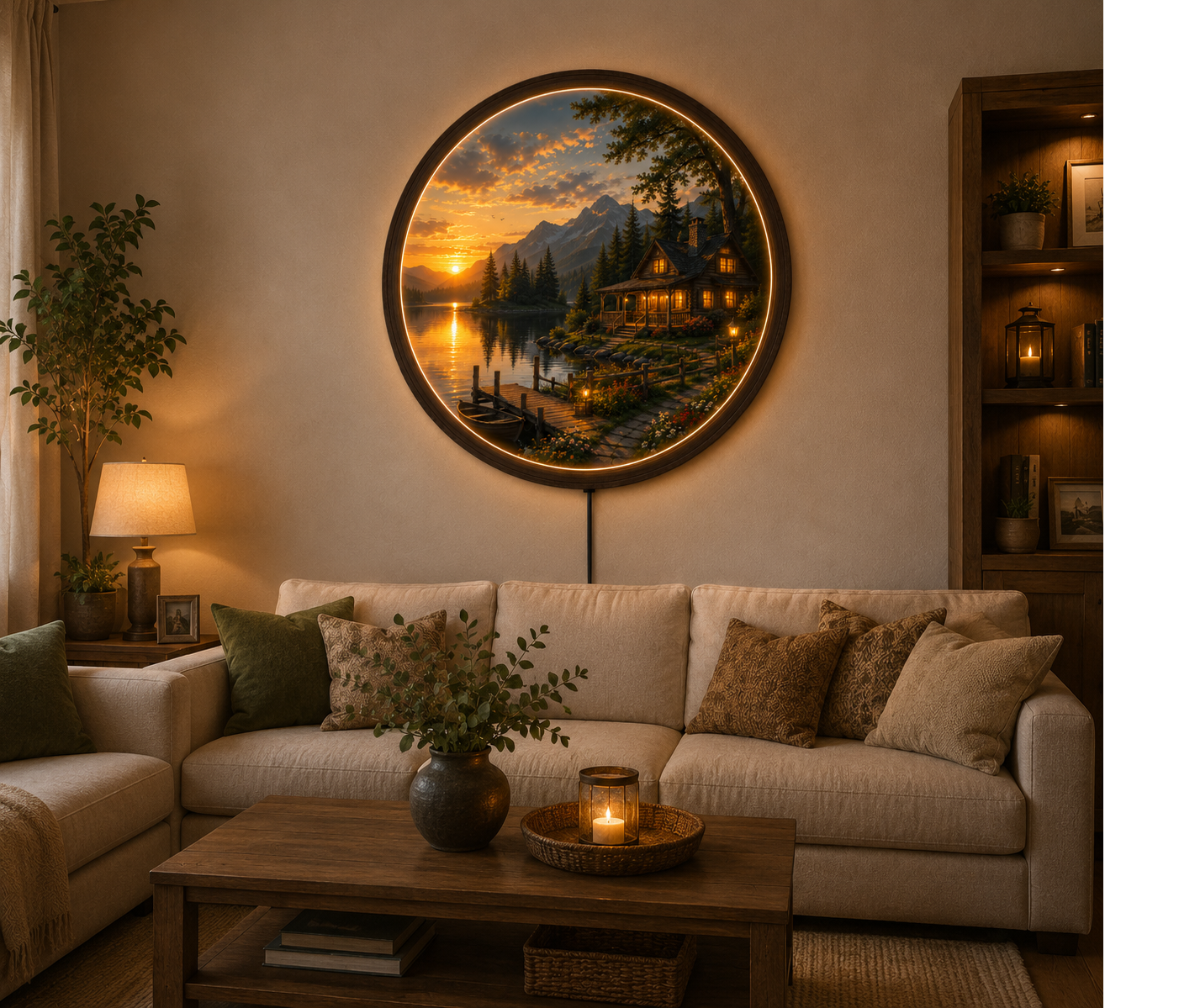 Rustic Mountain Cabin LED Wall Art, Sunset Lake Landscape Round Wall Decor, Wooden Frame Lighted Wall Hanging Gift