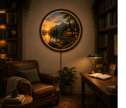 Rustic Mountain Cabin LED Wall Art, Sunset Lake Landscape Round Wall Decor, Wooden Frame Lighted Wall Hanging Gift