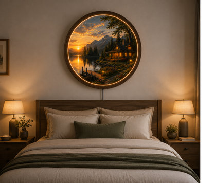 Rustic Mountain Cabin LED Wall Art, Sunset Lake Landscape Round Wall Decor, Wooden Frame Lighted Wall Hanging Gift