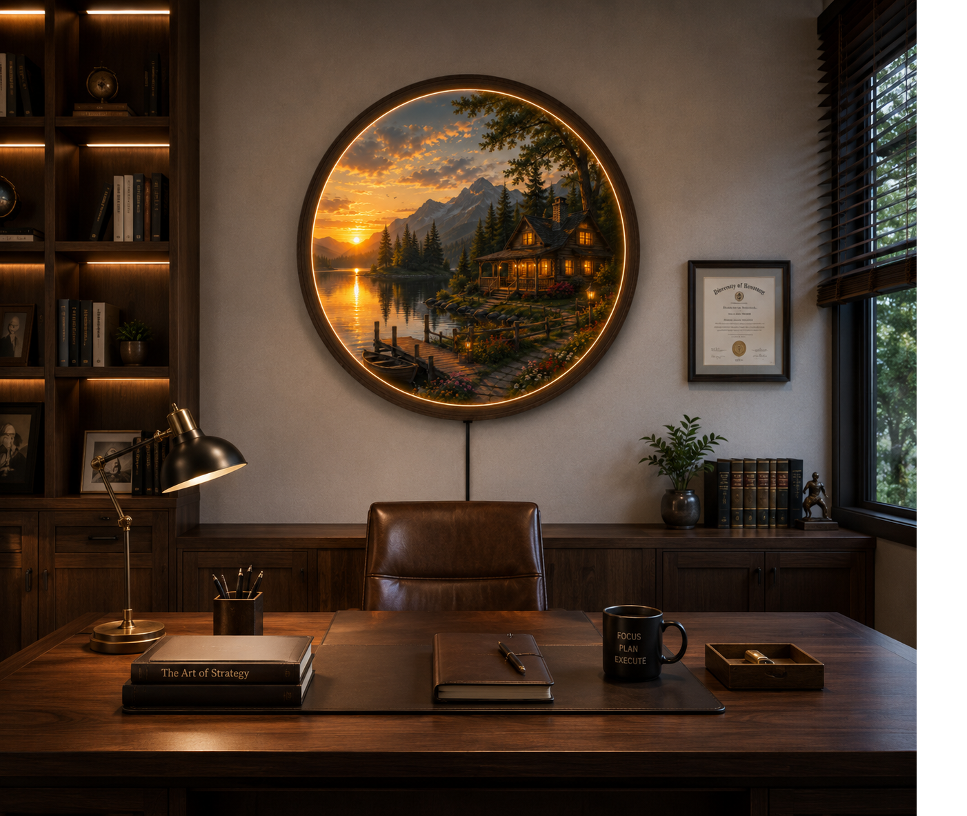 Rustic Mountain Cabin LED Wall Art, Sunset Lake Landscape Round Wall Decor, Wooden Frame Lighted Wall Hanging Gift
