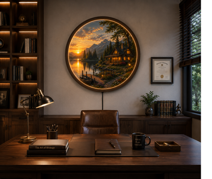 Rustic Mountain Cabin LED Wall Art, Sunset Lake Landscape Round Wall Decor, Wooden Frame Lighted Wall Hanging Gift