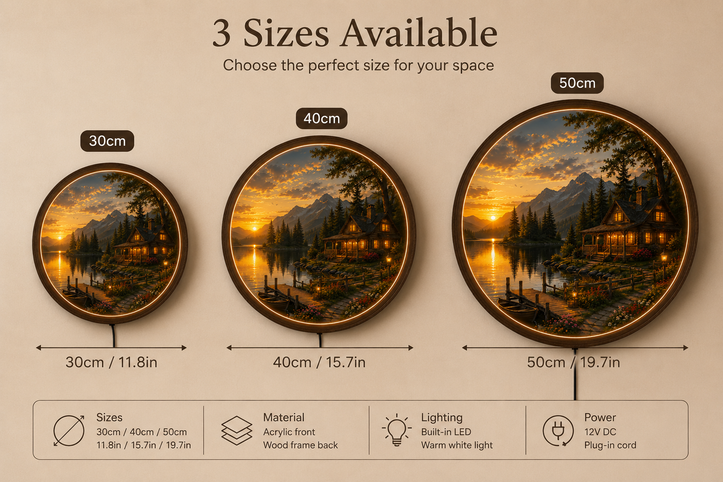 Rustic Mountain Cabin LED Wall Art, Sunset Lake Landscape Round Wall Decor, Wooden Frame Lighted Wall Hanging Gift