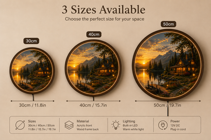Rustic Mountain Cabin LED Wall Art, Sunset Lake Landscape Round Wall Decor, Wooden Frame Lighted Wall Hanging Gift