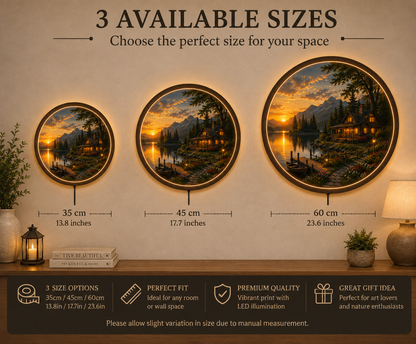 Rustic Mountain Cabin LED Wall Art, Sunset Lake Landscape Round Wall Decor, Wooden Frame Lighted Wall Hanging Gift
