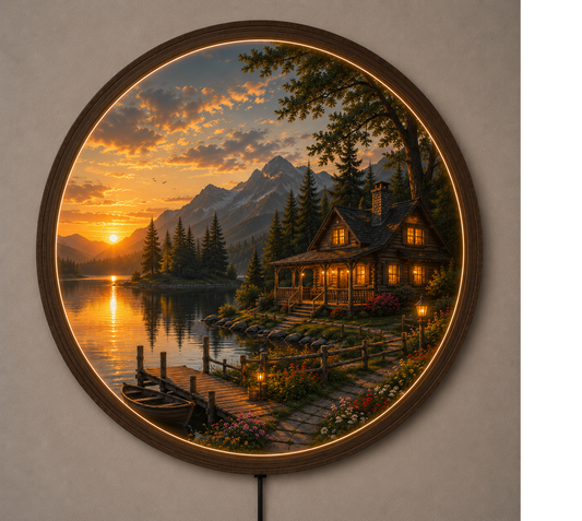 Rustic Mountain Cabin LED Wall Art, Sunset Lake Landscape Round Wall Decor, Wooden Frame Lighted Wall Hanging Gift