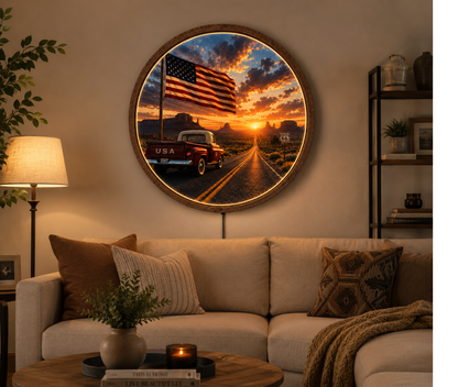 American Flag LED Wall Art, Route 66 Sunset Decor, Vintage Truck Wall Art, Rustic USA Round Light, Americana Gift